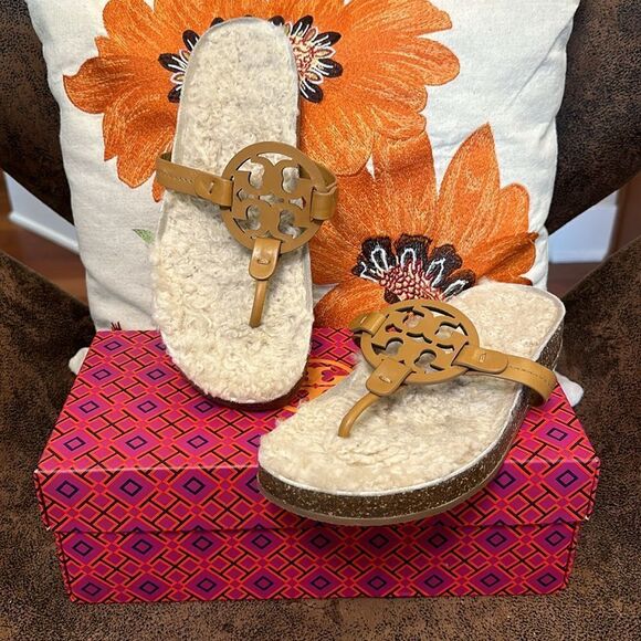 TORY BURCH CLOUD SHEARLING LEATHER MILLER SANDALS NATURAL CORK VGUC SZ 8M - Picture 1 of 14